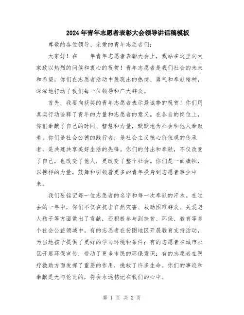 2024年青年志愿者表彰大会领导讲话稿模板
