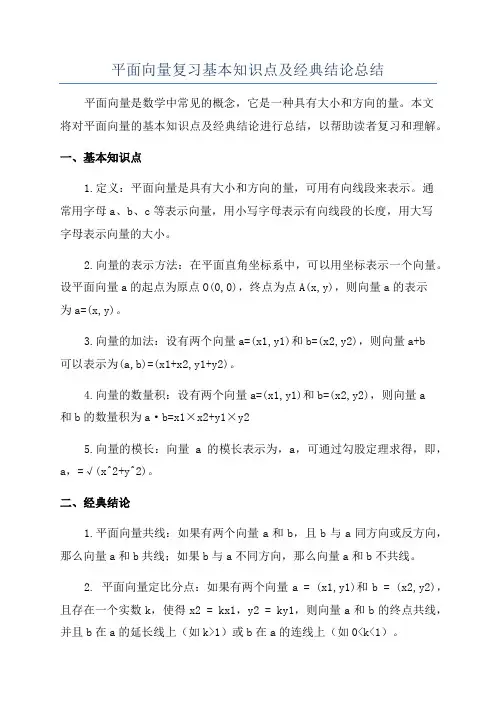 平面向量复习基本知识点及经典结论总结