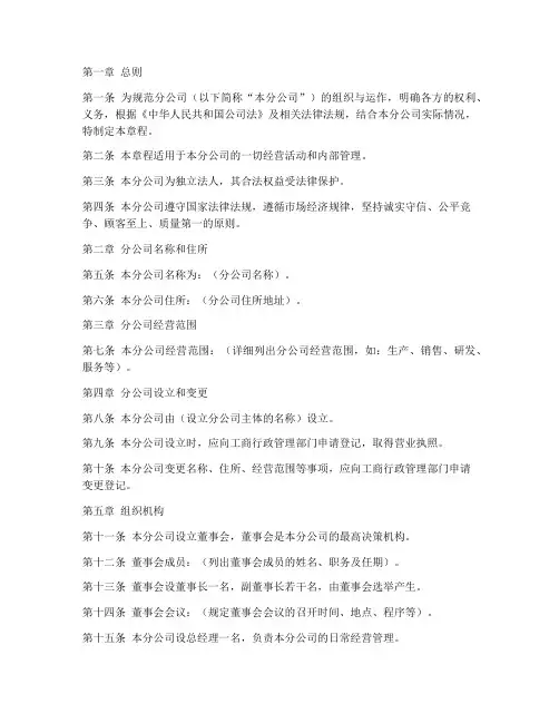 分公司公司章程模板