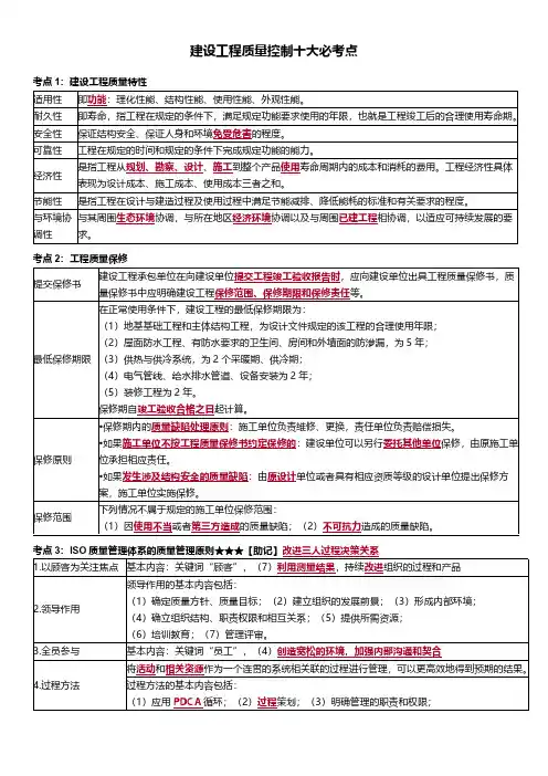 监理工程师职业资格考试建设工程质量控制(土建)十大必考点汇总