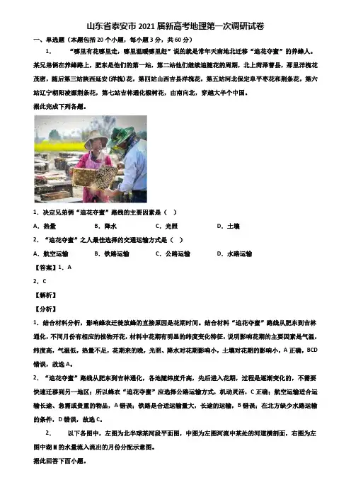 山东省泰安市2021届新高考地理第一次调研试卷含解析