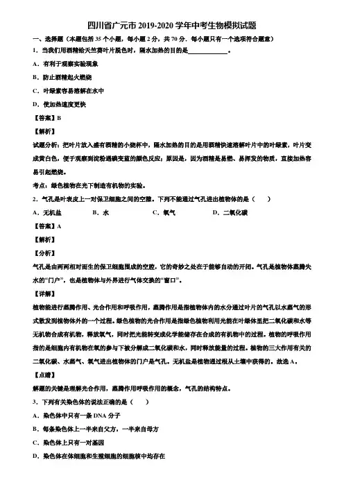 四川省广元市2019-2020学年中考生物模拟试题含解析