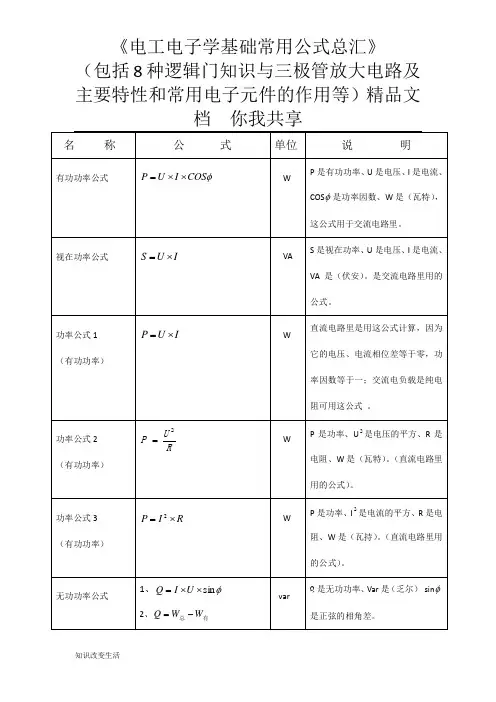 《电工电子学基础常用公式总汇》