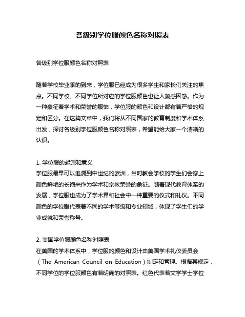 各级别学位服颜色名称对照表