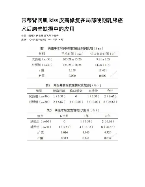 带蒂背阔肌kiss皮瓣修复在局部晚期乳腺癌术后胸壁缺损中的应用