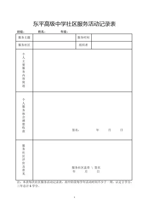 东平高级中学社区服务活动评价与学分认定表