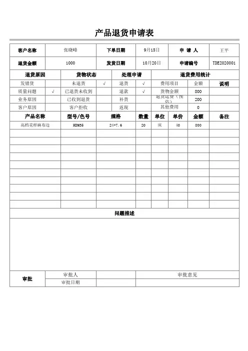 产品退货申请表