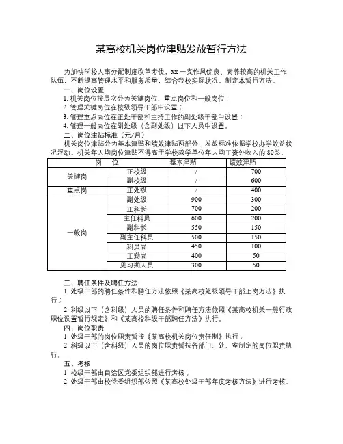 某高校机关岗位津贴发放暂行方法