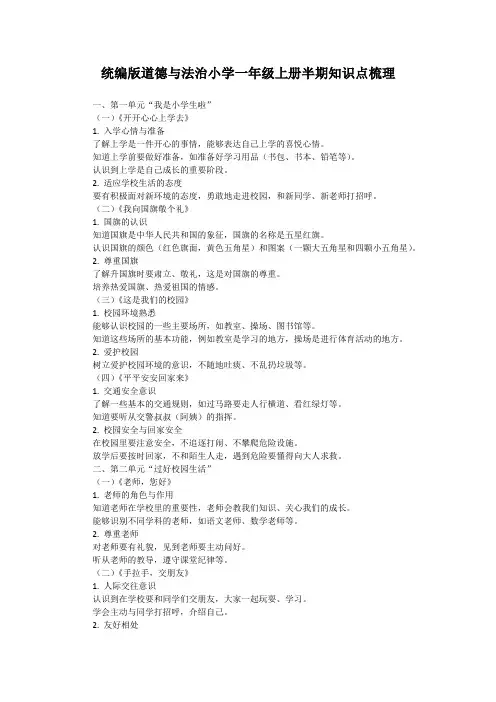 2024统编版道德与法治小学一年级上册半期知识点梳理