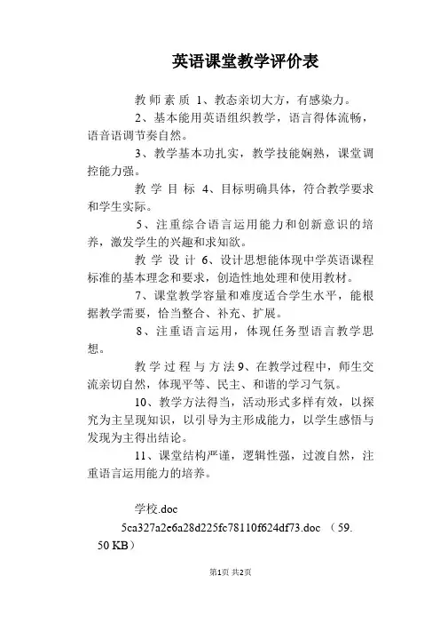 英语课堂教学评价表