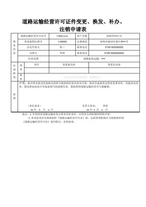 道路运输经营许可证件变更换发补办注销申请表