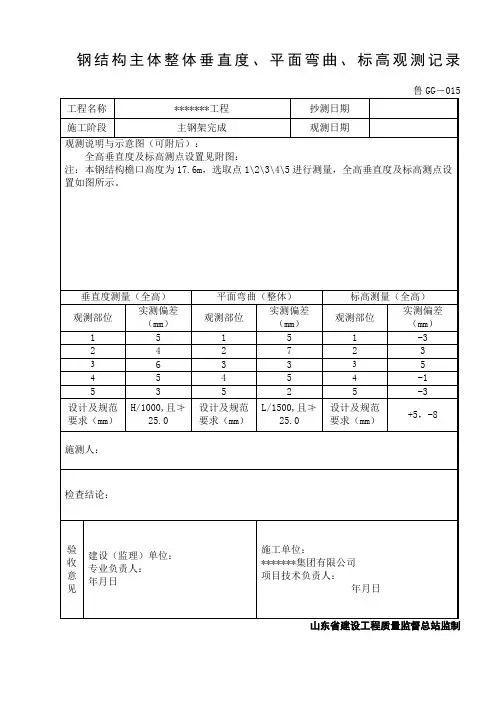 GG015钢结构主体整体垂直度、平面弯曲、标高观测记录
