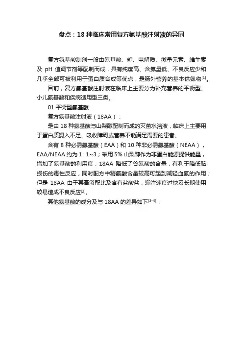 盘点：18种临床常用复方氨基酸注射液的异同