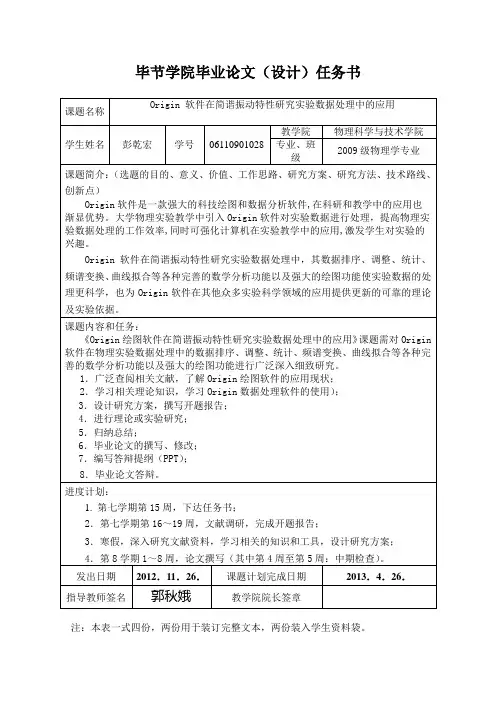 (彭乾宏)《ORIGIN软件在简谐振动研究实验数据处理中的应用》毕业论文任务书