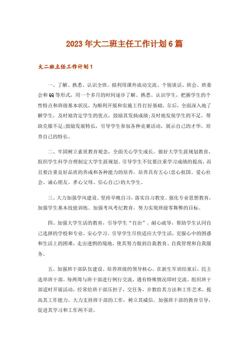 2023年大二班主任工作计划6篇