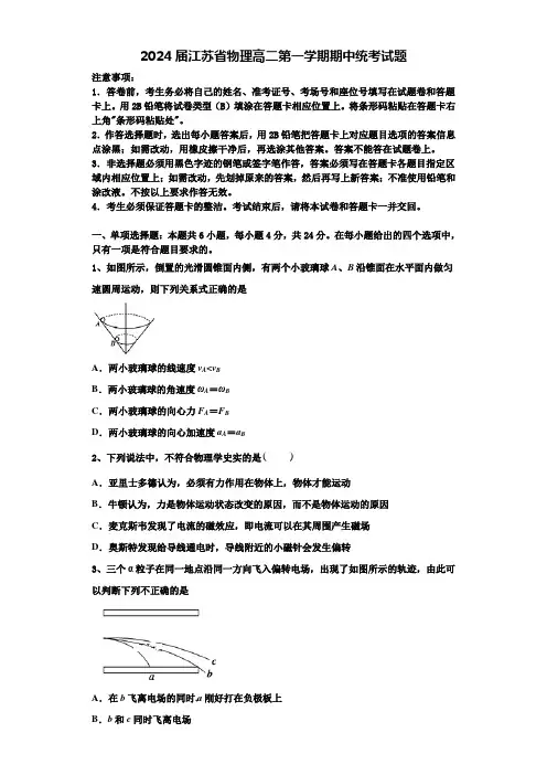 2024届江苏省物理高二第一学期期中统考试题含解析