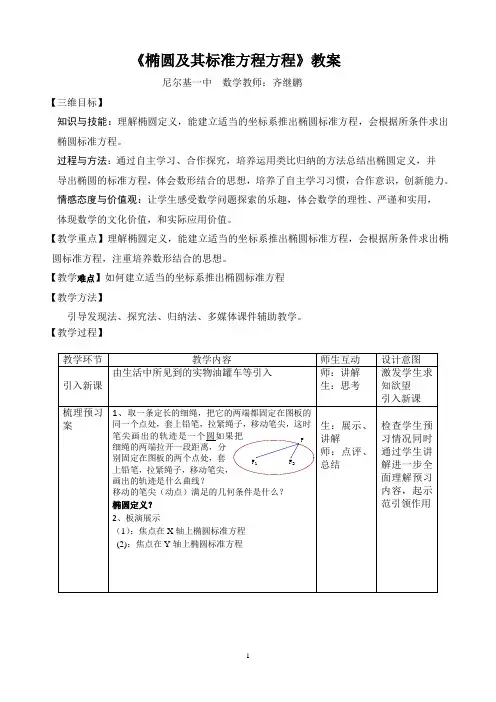 高中数学人教版A选修2-1教学设计：椭圆及其标准方程方程.参赛教案