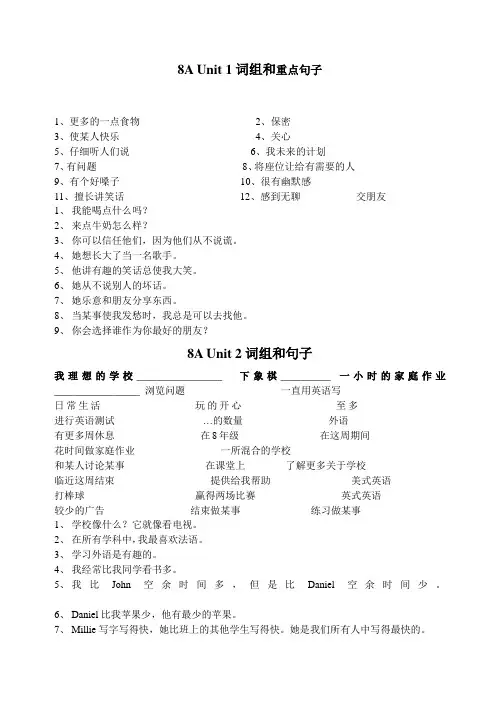 牛津译林版英语八年级上册8A期中1-5词组和重点句默写子