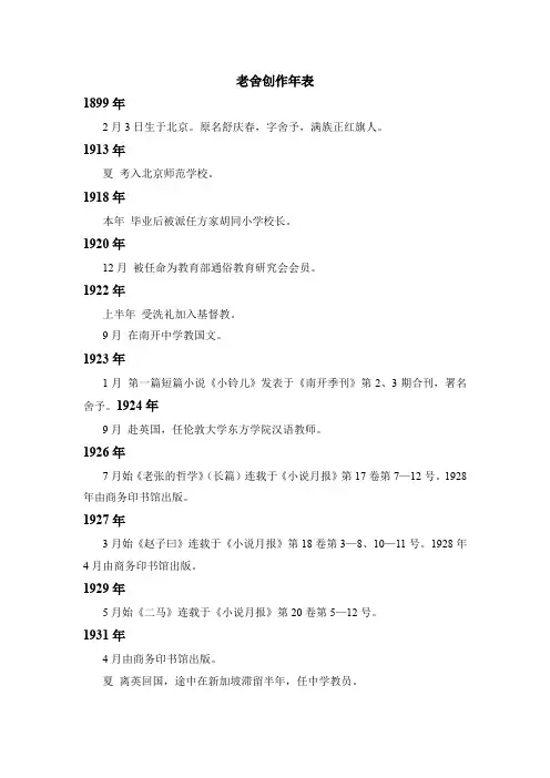 老舍创作年表