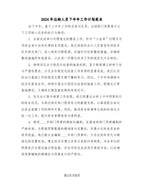 2024年出纳人员下半年工作计划范本（五篇）