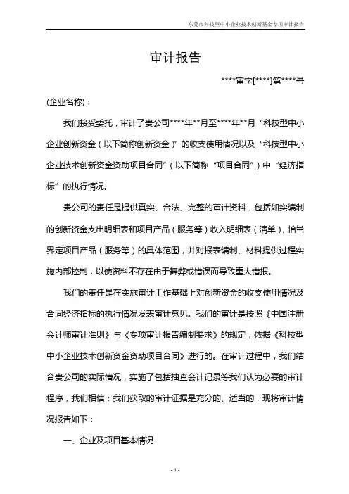 精品文档 XX科技型中小企业创新资金项目专项审计报告 精品