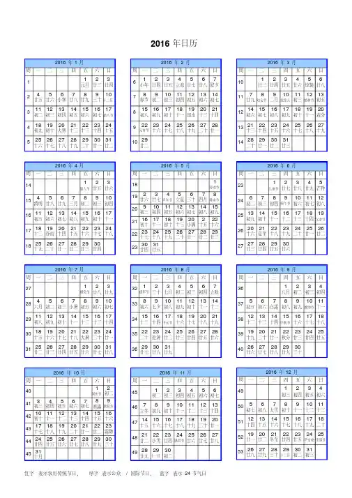 2016年日历(A4一页,含农历、周数、节气)