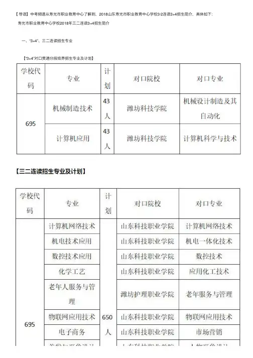 2018山东寿光市职业教育中心学校3·2连读3+4招生简介