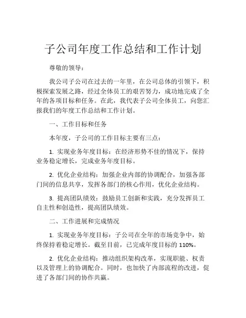 子公司年度工作总结和工作计划