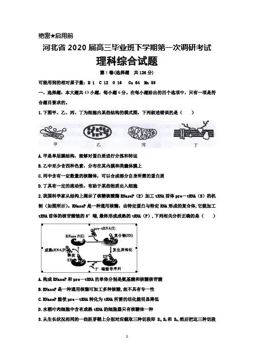 2020届河北省高三毕业班下学期第一次调研考试理科综合试题及答案