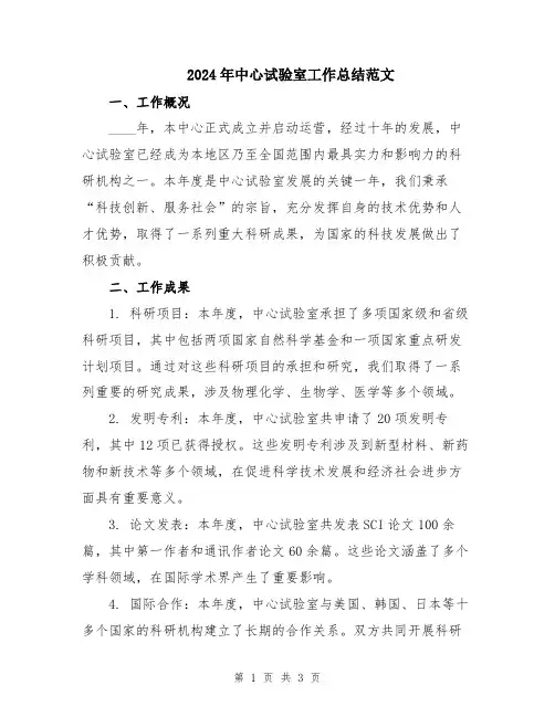 2024年中心试验室工作总结范文