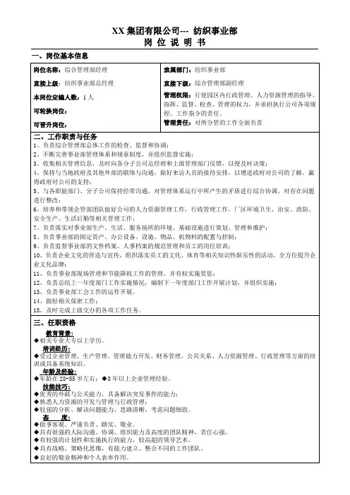 纺织事业部岗位说明书