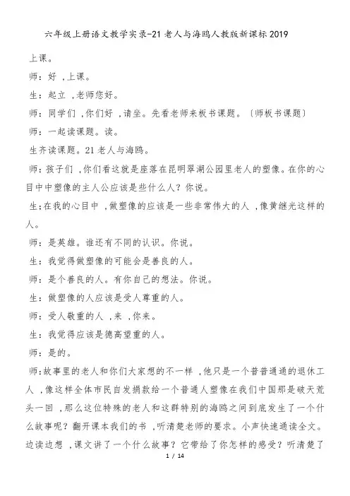 六年级上册语文教学实录21老人与海鸥_人教版新课标