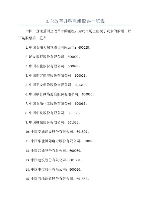 国企改革并购重组股票一览表