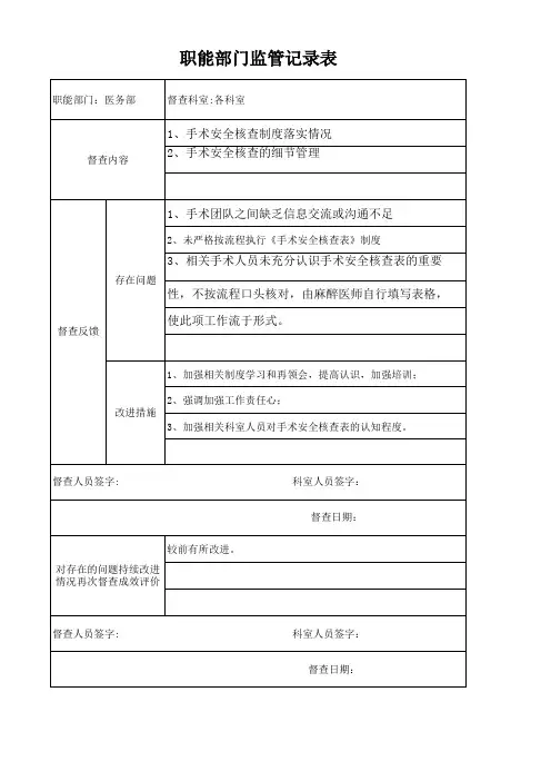 3.3手术安全核查制度和风险评估制度,等级医院职能部门督导、检查、总结、反馈、改进记录