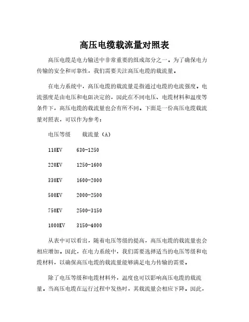高压电缆载流量对照表