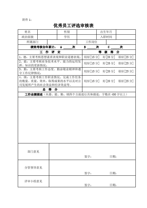 优秀员工评选审核表
