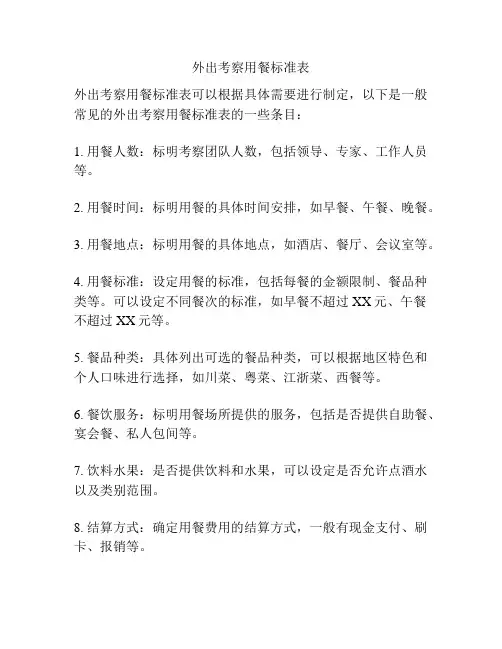 外出考察用餐标准表