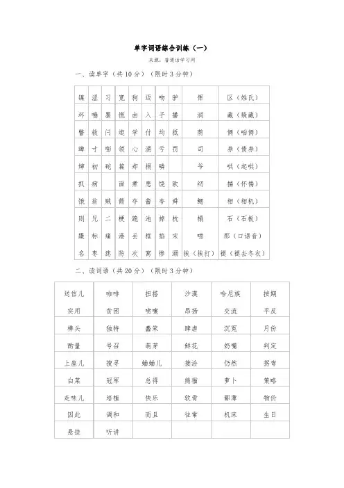 普通话水平测试(等级考试)用练习材料_普通话字词资料全
