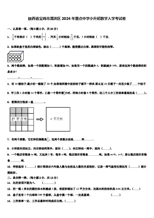 陕西省宝鸡市渭滨区2024年重点中学小升初数学入学考试卷含解析