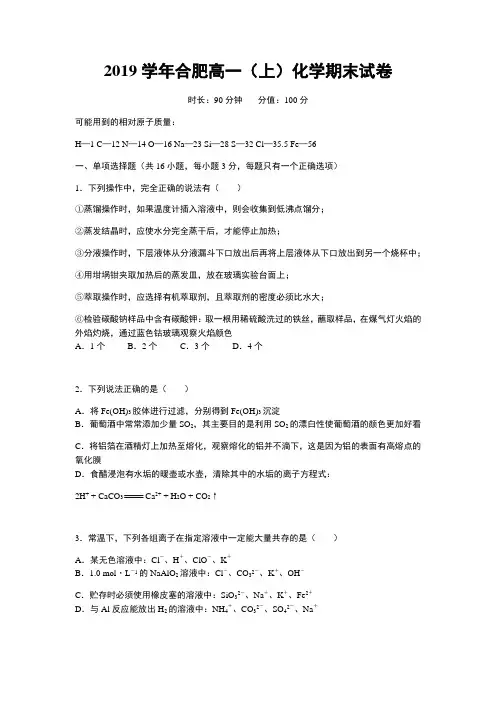 学年合肥高一(上)化学期末试卷