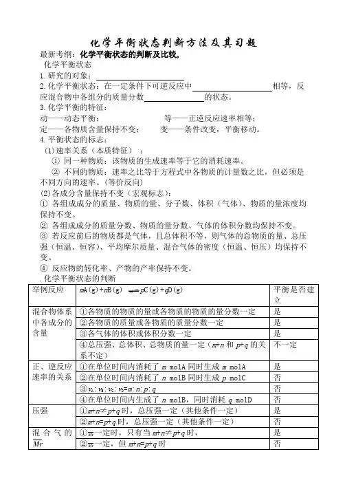(完整word版)化学平衡状态标志的判断方法及习题