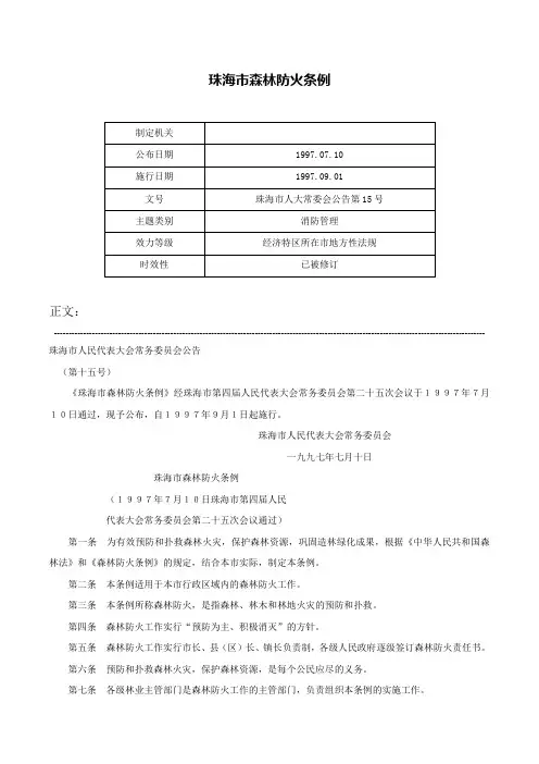 珠海市森林防火条例-珠海市人大常委会公告第15号