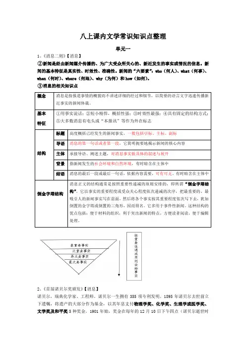 课内文学常识知识点梳理2021—2022学年部编版语文八年级上册