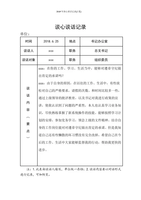 2019年谈心谈话记录(5篇)