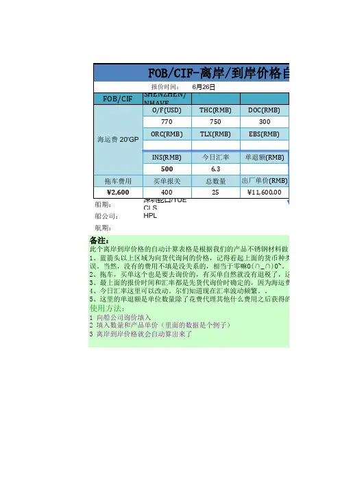 国际贸易FOB CIF价格自动计算表模板