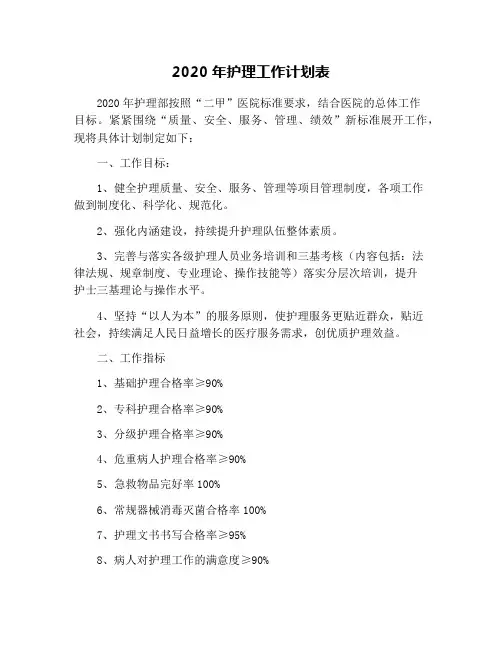 2020年护理工作计划表