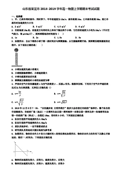山东省莱芜市2018-2019学年高一物理上学期期末考试试题