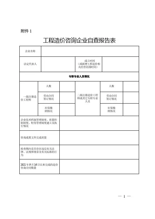 工程造价咨询企业自查报告表、随机抽查承诺书、咨询成果文件质量评定表、企业现场检查表