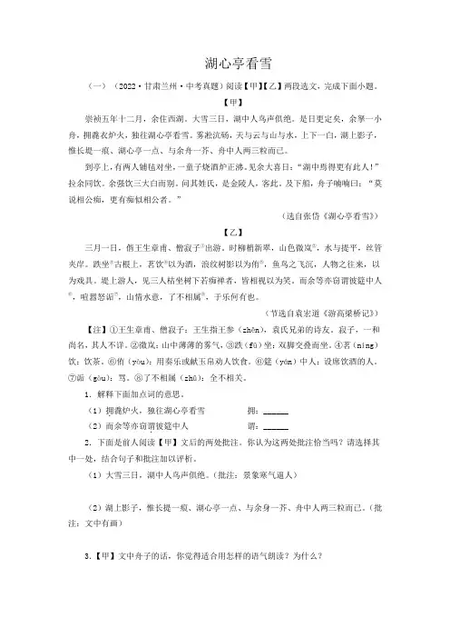 中考语文专题6湖心亭看雪对比阅读(解析版)