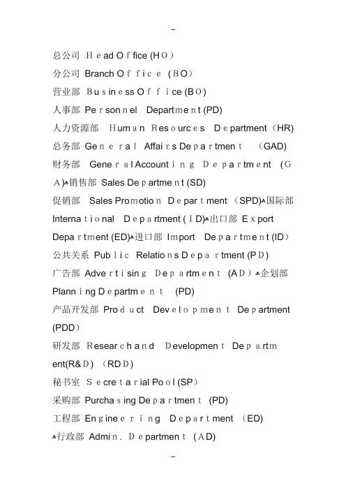 公司各部门所有英文缩写